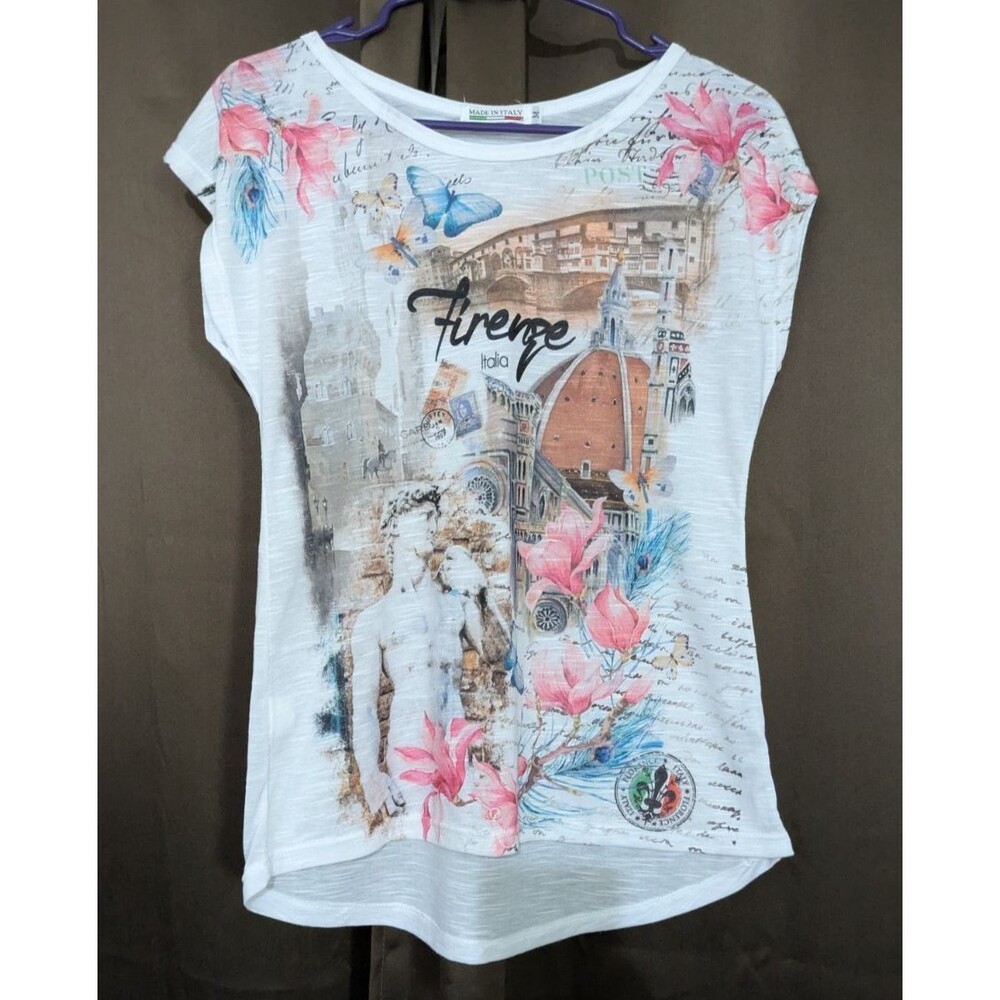 Made in Italy Florence Graphic Shirt Women M White Viscose Blend Cap Sleeve Top